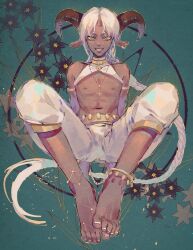 Rule 34 | 1boy, animal ears, armlet, asymmetrical legwear, bare arms, bare pectorals, barefoot, bell, belt, blue background, braid, brown horns, chain, choker, collar, commentary, cross, cross necklace, dark-skinned male, dark skin, detached collar, eyelashes, floral background, freckles, full body, goat ears, goat horns, gold belt, gold chain, high collar, highres, horizontal pupils, horns, jewelry, knees apart feet together, long hair, looking at viewer, male focus, mismatched legwear, neck bell, necklace, nipples, open mouth, original, pants, pectorals, puffy pants, simple background, single ankle cuff, single braid, sitting, smile, solo, straight-on, studded belt, symbol-only commentary, teeth, toenails, toes, topless male, very dark skin, very long hair, white collar, white hair, white pants, yanmian (printemps-noir), yellow choker, yellow eyes