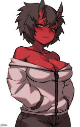 Rule 34 | 1girl, blush, breasts, brown hair, brown pants, cleavage, closed mouth, colored skin, cowboy shot, grey jacket, hands in pockets, horns, jacket, kidouko (zakusi), long sleeves, looking at viewer, medium breasts, off-shoulder jacket, off shoulder, oni, oni horns, original, pants, red oni, red skin, short hair, signature, simple background, solo, standing, symbol-only commentary, white background, yellow eyes, zakusi