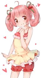 Rule 34 | 1girl, bad id, bad pixiv id, bloomers, brown eyes, dress, food, fruit, heart, pink hair, rima (rimarip), solo, strawberry, twintails, underwear, white background