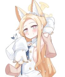 Rule 34 | 1boy, 1girl, animal ear fluff, animal ears, arm up, armpits, bird, bird on hand, blue archive, blush, commentary, detached sleeves, disembodied hand, dress, extra ears, forehead, fox ears, fox girl, halo, hetero, highres, jokebag, long sleeves, parted lips, seia (blue archive), sidelocks, sleeveless, sleeveless dress, sleeves past fingers, sleeves past wrists, solo focus, sweatdrop, white dress, white sleeves, yellow halo
