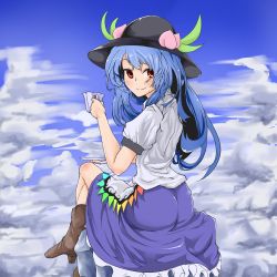 Rule 34 | 1girl, bad id, bad pixiv id, blue hair, blush, boots, cloud, cup, day, female focus, food, from behind, fruit, hat, highres, hinanawi tenshi, kiyomasa f, crossed legs, long hair, looking at viewer, looking back, peach, red eyes, sitting, sky, smile, solo, teacup, touhou