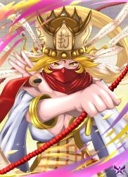 Rule 34 | blonde hair, covered mouth, digimon, highres, journey to the west, mask, monk, parchment, sanzomon, tang sanzang, yellow eyes