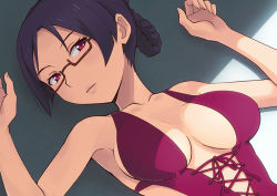 Rule 34 | 10s, 1girl, armpits, bare shoulders, black hair, braid, breasts, breasts apart, brown-framed eyewear, casual one-piece swimsuit, center opening, cleavage, collarbone, cross-laced clothes, dutch angle, folded ponytail, from above, glasses, hands up, hashi, light smile, looking at viewer, lying, medium breasts, on back, one-piece swimsuit, parted lips, purple hair, purple one-piece swimsuit, rectangular eyewear, red-framed eyewear, red eyes, red one-piece swimsuit, ridget (suisei no gargantia), semi-rimless eyewear, shade, short hair, sideboob, smile, solo, suisei no gargantia, swimsuit, under-rim eyewear, upper body