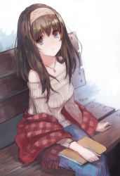 Rule 34 | 10s, 1girl, :d, bench, book, brown hair, headband, holding, idolmaster, idolmaster cinderella girls, jewelry, long hair, looking at viewer, meto31, necklace, off shoulder, open mouth, plaid, plaid scarf, sagisawa fumika, scarf, signature, sitting, smile, solo