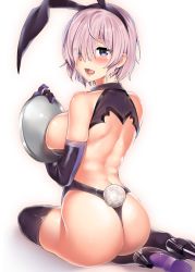 Rule 34 | 1girl, :d, absurdres, animal ears, ass, back cutout, bare shoulders, black footwear, black gloves, black hairband, black leotard, black thighhighs, blush, breast press, breasts, clothing cutout, eyes visible through hair, fake animal ears, fake tail, fate/grand order, fate (series), full body, gloves, hair between eyes, hair over one eye, hairband, high heels, highres, holding, holding tray, kawai (purplrpouni), large breasts, leotard, looking at viewer, looking back, mash kyrielight, non-web source, open mouth, pointy ears, purple eyes, rabbit ears, rabbit tail, shiny skin, shoulder blades, sideboob, simple background, sitting, skindentation, smile, solo, tail, teeth, thighhighs, thong, tray, upper teeth only, white background, yokozuwari