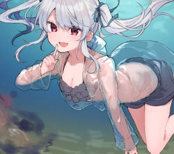 Rule 34 | 1girl, :d, afloat, bikini, bikini top only, black shorts, blue ribbon, blush, breasts, cleavage, coat, fang, finger to mouth, floating hair, grey bikini, grey hair, hair ribbon, hood, hood down, ikeuchi tanuma, index finger raised, jacket, long hair, long sleeves, looking at viewer, medium breasts, open clothes, open coat, open mouth, original, raincoat, red eyes, ribbon, see-through, see-through jacket, shorts, shushing, skin fang, smile, solo, swimsuit, twintails, underwater