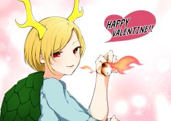 Rule 34 | 1girl, antlers, aqua shirt, blonde hair, blush, breath weapon, breathing fire, commentary request, dragon girl, dragon horns, eyelashes, fire, food, happy valentine, heart, highres, holding, horns, kaisenpurin, kicchou yachie, long sleeves, looking at viewer, marshmallow, open mouth, parted lips, red eyes, scales, shirt, short hair, slit pupils, solo, touhou, turtle shell