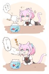Rule 34 | 10s, 1girl, admiral (kancolle), animal ears, biting, biting another&#039;s hand, blouse, blue eyes, cat ears, cat tail, comic, fish, fishbowl, gloves, hair between eyes, hair ornament, kantai collection, kemonomimi mode, leaning forward, long sleeves, mato tsuyoi, neck ribbon, pink hair, ponytail, red ribbon, ribbon, school uniform, shiranui (kancolle), shirt, short sleeves, skirt, sparkle, tail, translation request, vest, white gloves, white shirt