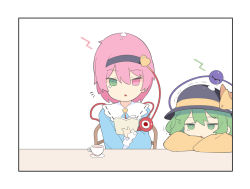 Rule 34 | 1koma, 2girls, :d, black border, black hairband, black hat, blue shirt, blush, book, border, bright pupils, comic, cup, frilled shirt collar, frilled sleeves, frills, green eyes, green hair, hair ornament, hairband, hat, hat ribbon, head on table, head rest, heart, heart hair ornament, heterochromia, holding, holding book, jitome, komeiji koishi, komeiji satori, long sleeves, motion lines, multiple girls, open book, open mouth, orange ribbon, pink eyes, pink hair, reading, ribbon, ribbon-trimmed collar, ribbon trim, saryuu (iriomote), shirt, short hair, siblings, simple background, sisters, sleeves past fingers, sleeves past wrists, smile, solo focus, speech bubble, string, table, teacup, third eye, touhou, trembling, triangle mouth, upper body, white background