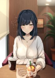 Rule 34 | 1girl, absurdres, black hair, blouse, breasts, cleavage, cup, dating, disposable cup, drinking straw, eyelashes, eyes visible through hair, furune emu, highres, holding, holding cup, indoors, jewelry, large breasts, long hair, looking at viewer, necklace, original, plant, potted plant, pov, pov hands, shirt, sitting, sparkle, table, wooden table, yellow eyes