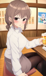 Rule 34 | 1girl, alcohol, arm support, beer, bench, black pantyhose, blush, brown eyes, brown hair, collared shirt, commentary request, cup, dress shirt, eniraka, glass, grey skirt, highres, holding, holding cup, indoors, long sleeves, looking at viewer, office lady, open mouth, original, pantyhose, poster (object), shirt, short hair, sidelocks, sitting, skirt, table, white shirt, wooden floor