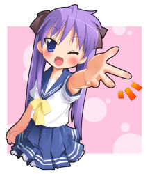 Rule 34 | 00s, 1girl, blue eyes, blue hair, blue skirt, blush, bubble background, collarbone, hair ribbon, hiiragi kagami, long hair, looking at viewer, lucky star, one eye closed, open mouth, outstretched arm, pink background, pu-en, purple hair, ribbon, school uniform, serafuku, shirt, short sleeves, skirt, smile, solo, standing, tsurime, twintails, white shirt, wink, yellow neckwear