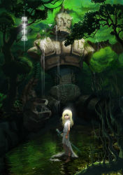 Rule 34 | 1girl, barefoot, blonde hair, child, forest, golem, light, mugon, nature, original, scenery, solo, statue, sword, tree, water, weapon, wet