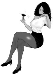 Rule 34 | 1girl, breasts, commission, crossed legs, cup, curvy, dark-skinned female, dark skin, drinking glass, facing viewer, full body, greyscale, high heels, highres, looking at viewer, medium breasts, miniskirt, monochrome, norman maggot, pantyhose, pencil skirt, pinky out, pumps, simple background, single bare shoulder, sitting, skirt, solo, white background, wine glass
