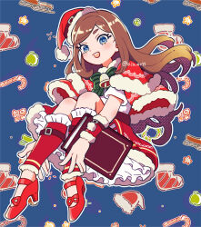 Rule 34 | 1girl, bell, blue eyes, book, brown hair, candy, candy cane, capelet, castlevania (series), castlevania: portrait of ruin, charlotte aulin, christmas ornaments, food, green ribbon, hat, holding, holding book, long hair, looking at viewer, oimo (motu club), red capelet, red footwear, ribbon, santa costume, santa hat, sled, smile