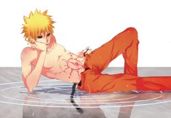 Rule 34 | 1boy, artist request, belt, blonde hair, clothes, dark persona, male focus, muscular, naruto, naruto (series), pants, red eyes, reflection, simple background, solo, spiked hair, sweat, tagme, tattoo, topless male, uzumaki naruto, water