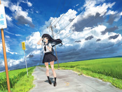 Rule 34 | 1girl, backpack, bag, black footwear, black hair, black neckerchief, black sailor collar, black skirt, black socks, blue sky, brown eyes, cloud, cloudy sky, commentary, day, field, floating hair, food, grass, highres, holding, holding food, ice cream, loafers, long hair, neckerchief, original, outdoors, pleated skirt, power lines, ryokucha manma, sailor collar, shoes, sign, skirt, sky, socks, solo, standing, summer, translation request, utility pole, very long hair