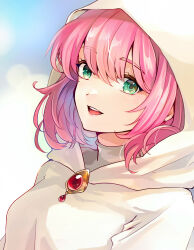 Rule 34 | 1girl, blurry, blurry background, breasts, final fantasy, final fantasy v, green eyes, grey shirt, hair between eyes, highres, hood, hood up, hooded robe, lenna charlotte tycoon, looking at viewer, medium breasts, medium hair, mogg magg, open mouth, pink hair, portrait, robe, shirt, smile, solo, teeth, turtleneck, upper body, upper teeth only, white robe
