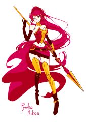Rule 34 | 1girl, boots, breasts, cleavage, elbow gloves, gloves, high heel boots, high heels, highres, kuma (bloodycolor), long hair, pyrrha nikos, red hair, rwby, simple background, solo, weapon
