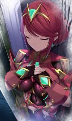 Rule 34 | 1girl, blush, breasts, chest jewel, closed eyes, earrings, fingerless gloves, gloves, headpiece, highres, jewelry, large breasts, looking at viewer, pyra (xenoblade), red hair, reflection, rex (xenoblade), short hair, sleeping, sleeping upright, smile, solo, swept bangs, tiara, xenoblade chronicles (series), xenoblade chronicles 2, yuuki shin