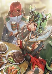 2girls animal_ears au_ra blurry blurry_background bread breasts cat cat_ears cat_tail cup dark-skinned_female dark_skin dragon_horns eating elbow_gloves facial_mark final_fantasy final_fantasy_xiv fingerless_gloves food gloves green_hair hair_over_one_eye highres horns kionaoki meat medium_breasts miqo&#039;te mug multicolored_hair multiple_girls open_mouth red_eyes red_hair scales short_hair sitting streaked_hair tail warrior_of_light_(ff14) whisker_markings