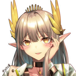 Rule 34 | 1girl, arknights, artist name, black choker, blush, choker, collarbone, commentary request, ear blush, elf, grey hair, hand on own cheek, hand on own face, highres, laurel crown, long hair, looking at viewer, mole, mole under eye, muelsyse (arknights), parted lips, pointy ears, portrait, simple background, solo, upper body, white background, yamauchi (conan-comy), yellow eyes