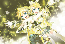 Rule 34 | 119, 1boy, 1girl, belt, belt buckle, blonde hair, blue eyes, bow, brother and sister, buckle, detached sleeves, headset, heart, highres, jpeg artifacts, kagamine len, kagamine rin, looking at viewer, open mouth, short hair, siblings, smile, star (symbol), twins, vocaloid, white legwear