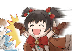 Rule 34 | 10s, 1boy, 1girl, :d, akagi miria, armor, arms up, artist name, black hair, blush stickers, brown gloves, brown hair, chibi, constricted pupils, costume, crossover, d-joel, closed eyes, fighter (granblue fantasy), gameplay mechanics, gloves, gran (granblue fantasy), granblue fantasy, hair ribbon, idolmaster, idolmaster cinderella girls, open mouth, ribbon, short twintails, signature, simple background, smile, spitting, twintails, two side up, upper body, white background