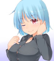 Rule 34 | 1girl, aqua hair, black shirt, blue background, blush, breasts, button gap, buttons, collarbone, collared shirt, commentary request, dress shirt, garasuita, gradient background, highres, large breasts, long sleeves, one eye closed, red eyes, shirt, short hair, smile, solo, tatara kogasa, touhou