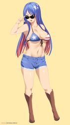 Rule 34 | 1girl, absurdres, adjusting eyewear, adjusting glasses, american flag bikini, american flag print, artist name, beige background, bikini, bikini top only, blue hair, boots, breasts, brown footwear, commentary, commission, cowboy boots, cutoffs, denim, denim shorts, english commentary, flag print, front-tie top, full body, gradient background, hand on eyewear, highres, kantai collection, large breasts, long hair, looking over eyewear, looking over glasses, multicolored hair, print bikini, red hair, shorts, solo, south dakota (kancolle), standing, star (symbol), stayaliveplz, sunglasses, swimsuit, tinted eyewear, white hair, yellow background