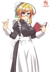 Rule 34 | 1girl, alternate costume, alternate hairstyle, apron, artist logo, black dress, blonde hair, blue eyes, book, breasts, bun cover, commentary request, cowboy shot, dated, dress, enmaided, frilled apron, frills, glasses, hair bun, highres, i-8 (kancolle), kanon (kurogane knights), kantai collection, large breasts, long hair, looking at viewer, maid, simple background, single hair bun, solo, white apron, white background