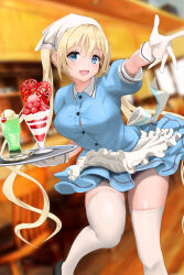 Rule 34 | 1girl, absurdres, apron, blend s, blonde hair, blue dress, blue eyes, blurry, blurry background, blush, breasts, cafe, dress, food, frilled apron, frills, fruit, gibun (sozoshu), gloves, hair between eyes, head scarf, highres, hinata kaho, holding, holding tray, indoors, large breasts, long hair, looking at viewer, open mouth, outstretched arm, parfait, short dress, sidelocks, smile, solo, standing, stile uniform, strawberry, thigh gap, thighhighs, thighs, tray, twintails, very long hair, waitress, white apron, white gloves, white thighhighs, zettai ryouiki