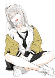 Rule 34 | 1girl, black skirt, closed eyes, collared shirt, cum, facial, grey hair, hair between eyes, hands on lap, highres, indian style, jacket, mask, mask pull, mouth mask, muchi maro, neckerchief, open mouth, original, sharp teeth, shirt, shoes, simple background, sitting, skirt, sleeping, sneakers, solo, surgical mask, teeth, white background, white footwear, white shirt
