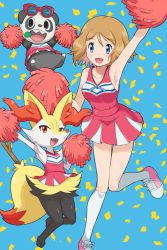 Rule 34 | 1girl, :d, absurdres, animal ear fluff, arm up, armpits, bare arms, blue background, blue eyes, blue ribbon, braixen, breasts, cheerleader, clothed pokemon, collarbone, commentary request, confetti, creatures (company), eyelashes, eyewear on head, game freak, gen 6 pokemon, hand up, highres, holding, holding pom poms, kneehighs, knees, knees together feet apart, leg up, light brown hair, medium hair, nintendo, open mouth, pancham, pink footwear, pokemoa, pokemon, pokemon (anime), pokemon (creature), pokemon xy (anime), pom pom (cheerleading), pom poms, ribbon, serena (pokemon), shiny skin, shoes, sleeveless, smile, sneakers, socks, sunglasses, sunglasses on head, tongue, white socks