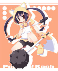 Rule 34 | 1girl, animal ears, bell, breasts, cat ears, kagura yuuki, kooh, mace, pangya, simple background, small breasts, solo, staff, twintails, weapon