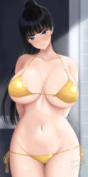 Rule 34 | 1girl, arms behind back, bikini, black hair, blue eyes, blush, breasts, closed mouth, collarbone, commission, cowboy shot, gold bikini, groin, high ponytail, highres, large breasts, long hair, looking at viewer, navel, original, side-tie bikini bottom, skeb commission, solo, stomach, swimsuit, thick eyebrows, tono munekage, v-shaped eyebrows, very long hair