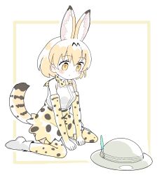 Rule 34 | 1girl, animal ear fluff, animal ears, blonde hair, blush, boots, bow, bowtie, breasts, brown background, closed mouth, commission, elbow gloves, gloves, grey hat, hair between eyes, hat, highres, kemono friends, kibisake, outline, print bow, print bowtie, print gloves, print skirt, print thighhighs, serval (kemono friends), shirt, sitting, skeb commission, skirt, sleeveless, sleeveless shirt, small breasts, solo, striped tail, tail, thighhighs, thighhighs under boots, two-tone background, unworn hat, unworn headwear, wariza, white background, white footwear, white outline, white shirt, yellow bow, yellow bowtie, yellow eyes, yellow gloves, yellow skirt, yellow thighhighs