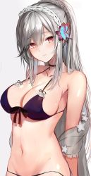 Rule 34 | 1girl, absurdres, azur lane, bare shoulders, bikini, blue butterfly, braid, breasts, bug, butterfly, butterfly hair ornament, choker, cleavage, closed mouth, crown braid, dunkerque (azur lane), dunkerque (summer sucre) (azur lane), efuri (riarea00), front-tie bikini top, front-tie top, grey hair, hair ornament, headdress, high ponytail, highres, bug, large breasts, navel, purple bikini, red eyes, sidelocks, smile, swimsuit