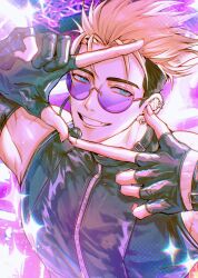 Rule 34 | 1boy, arm up, asymmetrical gloves, black gloves, black jacket, blonde hair, blue eyes, blurry, blurry background, chiyo (miichiyochin), commentary, ear piercing, earrings, english commentary, fang, fingerless gloves, glasses, gloves, grin, hand up, highres, jacket, jewelry, light particles, looking at viewer, male focus, microphone, mismatched gloves, mole, mole under eye, partially fingerless gloves, piercing, purple-tinted eyewear, round eyewear, scar, scar on arm, short hair, sleeveless, sleeveless jacket, smile, solo, sparkle, stage, stage lights, sweat, teeth, tinted eyewear, trigun, trigun stampede, undercut, upper body, vash the stampede, zipper