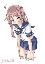 Rule 34 | 10s, 1girl, ahoge, alternate costume, bad id, bad twitter id, blue skirt, blush, closed mouth, collarbone, cowboy shot, cropped legs, ebifurya, eyebrows, hair bobbles, hair ornament, highres, inactive account, kantai collection, leaning forward, long hair, panties, panty pull, pink eyes, pink hair, pleated skirt, pulling own clothes, sazanami (kancolle), school uniform, seductive smile, serafuku, short sleeves, simple background, skirt, smile, solo, twintails, twitter username, underwear, white background, white panties