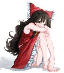 Rule 34 | 1girl, alinoce716, ass, bare arms, bare legs, bare shoulders, barefoot, blunt bangs, bow, breasts, brown eyes, brown hair, covering own mouth, feet, frills, full body, glaring, hair bow, hair tubes, hakurei reimu, highres, knees up, legs, light blush, long hair, looking at viewer, petticoat, red bow, red skirt, red vest, sidelocks, simple background, sitting, skirt, skirt set, sleeveless, small breasts, solo, toenails, toes, touhou, very long hair, vest, white background