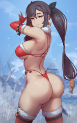 Rule 34 | 1girl, absurdres, ass, bare shoulders, bikini, black hair, breasts, christmas, come hither, earrings, elbow gloves, from behind, genshin impact, gloves, green eyes, hair ornament, hair ribbon, highres, huge ass, jewelry, large breasts, long hair, looking at viewer, mona (genshin impact), naughty face, phat smash, ribbon, santa bikini, santa gloves, shiny skin, sideboob, smile, solo, swimsuit, thick thighs, thighs, thong, thong bikini, twintails, very long hair
