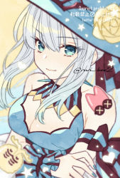 Rule 34 | 1girl, blue hat, blue nails, bow, breasts, cernunnos (fate), cleavage, cleavage cutout, closed mouth, clothing cutout, fate/grand order, fate (series), fingernails, flower, green eyes, hat, hat flower, heart, highres, long hair, looking at viewer, morgan le fay (fate), morgan le fay (valentine witches) (fate), nail polish, rose, simple background, smile, solo, striped, striped bow, tako (beex2), twitter username, upper body, valentine, watermark, white hair, witch hat, wrist cuffs, yellow background, yellow flower, yellow rose