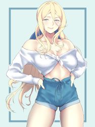 Rule 34 | 1girl, alternate costume, blonde hair, blouse, blue eyes, blue shorts, breasts, cleavage, collarbone, cowboy shot, hair between eyes, hands on own hips, highres, kantai collection, long hair, long sleeves, looking at viewer, medium breasts, midriff, mole, mole under eye, mole under mouth, narrow waist, richelieu (kancolle), shingyou (alexander-13), shirt, short shorts, shorts, smile, solo, standing, tied shirt, white shirt