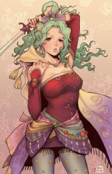 Rule 34 | 1girl, arm up, bare shoulders, blue eyes, breasts, cape, collarbone, covered erect nipples, cowboy shot, detached sleeves, dress, earrings, final fantasy, final fantasy vi, floral print, gradient background, green hair, highres, holding, holding sword, holding weapon, jasmin darnell, jewelry, legs apart, long hair, medium breasts, pantyhose, parted lips, red dress, red sleeves, signature, solo, standing, strapless, strapless dress, sword, tina branford, weapon
