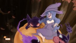 Rule 34 | 1girl, adapted costume, bad id, bad pixiv id, barefoot, crazy eyes, crazy smile, creatures (company), drooling, evolutionary line, feet, game freak, gastly, gen 1 pokemon, gengar, hat, haunter, hex maniac (pokemon), highres, long hair, messy hair, nail polish, nintendo, npc trainer, open mouth, pokemon, pokemon (creature), pokemon xy, pumpkin, purple eyes, purple hair, sitting, smile, spicy bardo, tree, wariza, witch hat