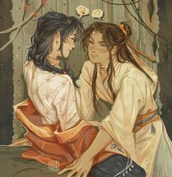 2boys ? amonimy arm_tattoo artist_logo bandaged_neck bandages beads belt black_eyes black_hair blush braid brown_eyes brown_hair chinese_clothes commentary_request eye_contact eyeliner hair_beads hair_bun hair_ornament hair_ribbon hanfu heart highres hua_cheng indoors leaning_forward logo long_hair looking_at_another makeup male_focus multiple_boys parted_bangs parted_lips red_eyeliner red_robe ribbon robe russian_commentary scene_reference shirt single_hair_bun sitting smile speech_bubble spoken_heart spoken_question_mark tattoo tianguan_cifu white_hanfu white_shirt wide_sleeves wooden_wall xie_lian yellow_belt yellow_ribbon