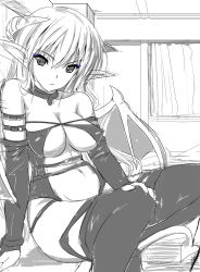 Rule 34 | 1girl, bare shoulders, bat wings, breasts, bridal gauntlets, choker, cleavage, demon girl, demon tail, eyeliner, garickson, greyscale, horns, large breasts, makeup, monochrome, navel, original, pointy ears, sitting, sketch, solo, spot color, demon girl, tail, thighhighs, tsurime, wings