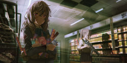 Rule 34 | 2girls, assault rifle, black skirt, blood, blood on clothes, blood on face, bottle, bow, bowtie, brown gloves, brown hair, clock, collared shirt, commentary request, convenience store, door, food request, gloves, grey hair, gun, hair between eyes, highres, hironii (hirofactory), holding, holding gun, holding weapon, indoors, light, medium hair, messy hair, multiple girls, original, ponytail, pouch, red eyes, rifle, security camera, shaded face, shelf, shirt, shop, sidelocks, silhouette, skirt, sleeves rolled up, sweatdrop, trigger discipline, ventilation shaft, vest, wall clock, weapon