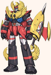 Rule 34 | atlanger, beige background, clenched hands, gattai robo atlanger, looking down, mecha, munya (otikamohe), no humans, robot, sheath, sheathed, shield, solo, standing, super robot, sword, weapon, yellow eyes